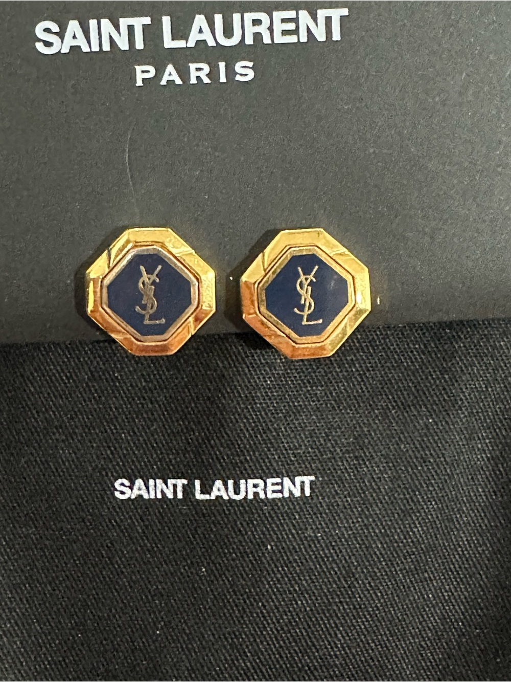 Saint Laurent Gold and Navy Octagon YSL clip on Earrings